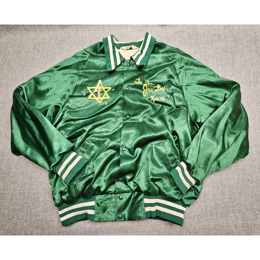 VINTAGE Jesus Jacket Mens XL Green Satin Bomber Romans 1:16 Christian